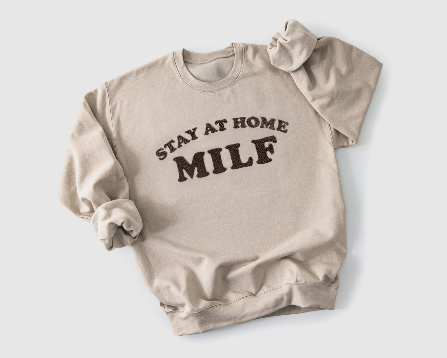 Stay At Home Milf custom embroidered mom sweatshirt in pink funny handmade mom gift sand color