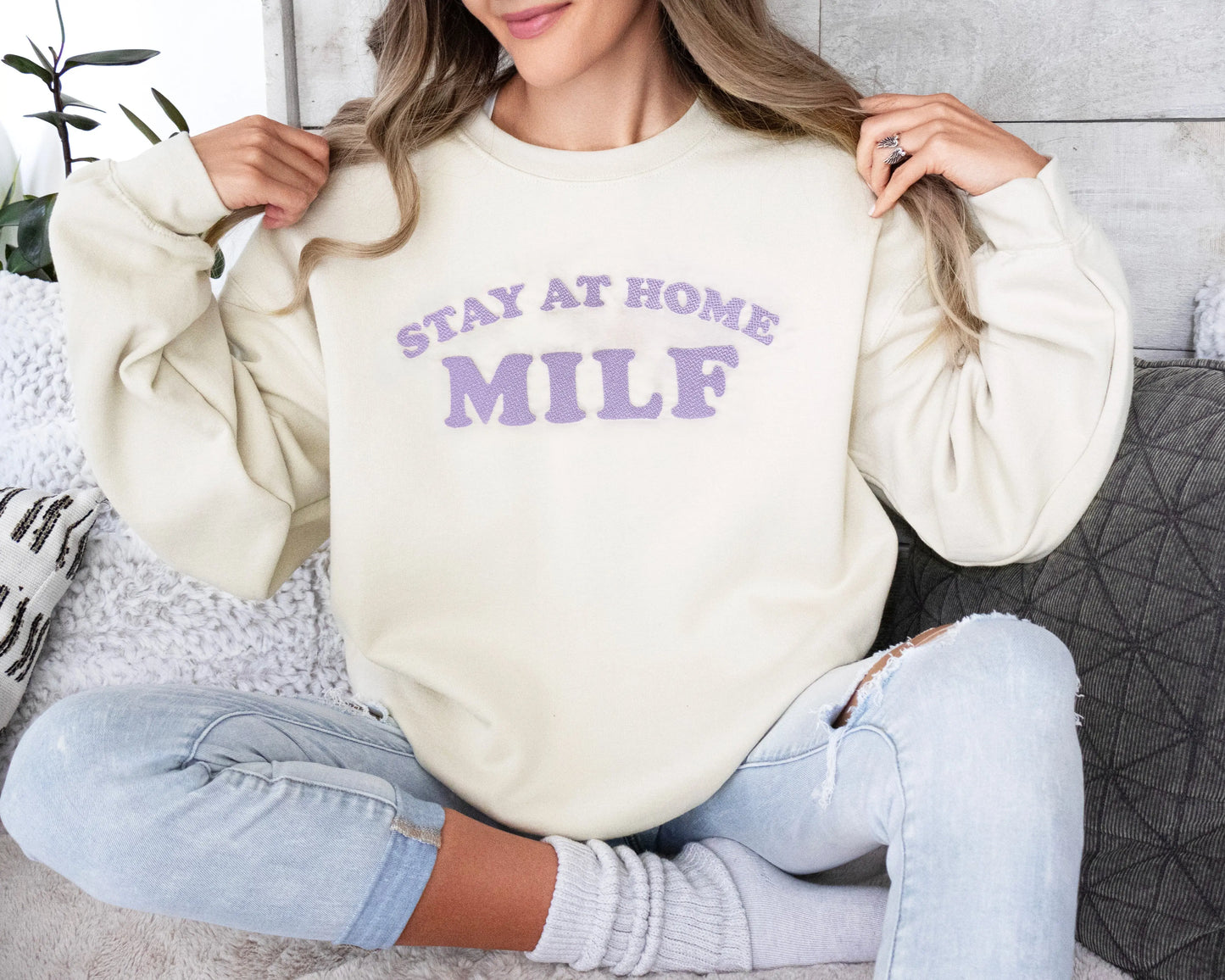 Stay At Home Milf custom embroidered mom sweatshirt funny handmade mom gift in cream with lavender thread