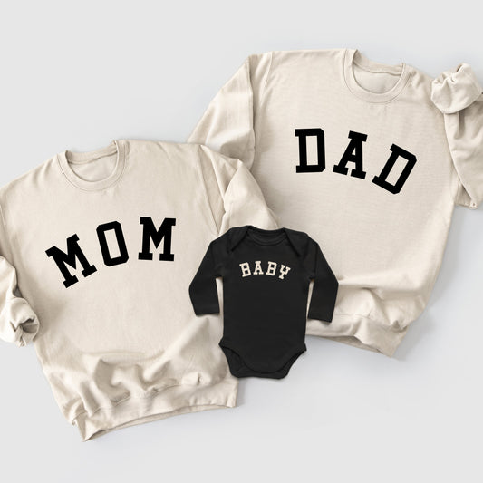 mom dad baby matching crewneck pullover sweatshirts coming home outfit gender neutral baby shower gift black beige tan cream