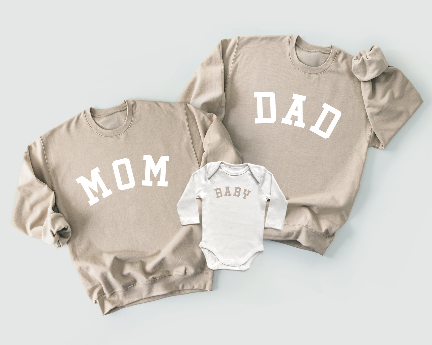 mom dad baby matching crewneck pullover sweatshirts coming home outfit gender neutral baby shower gift black beige tan cream