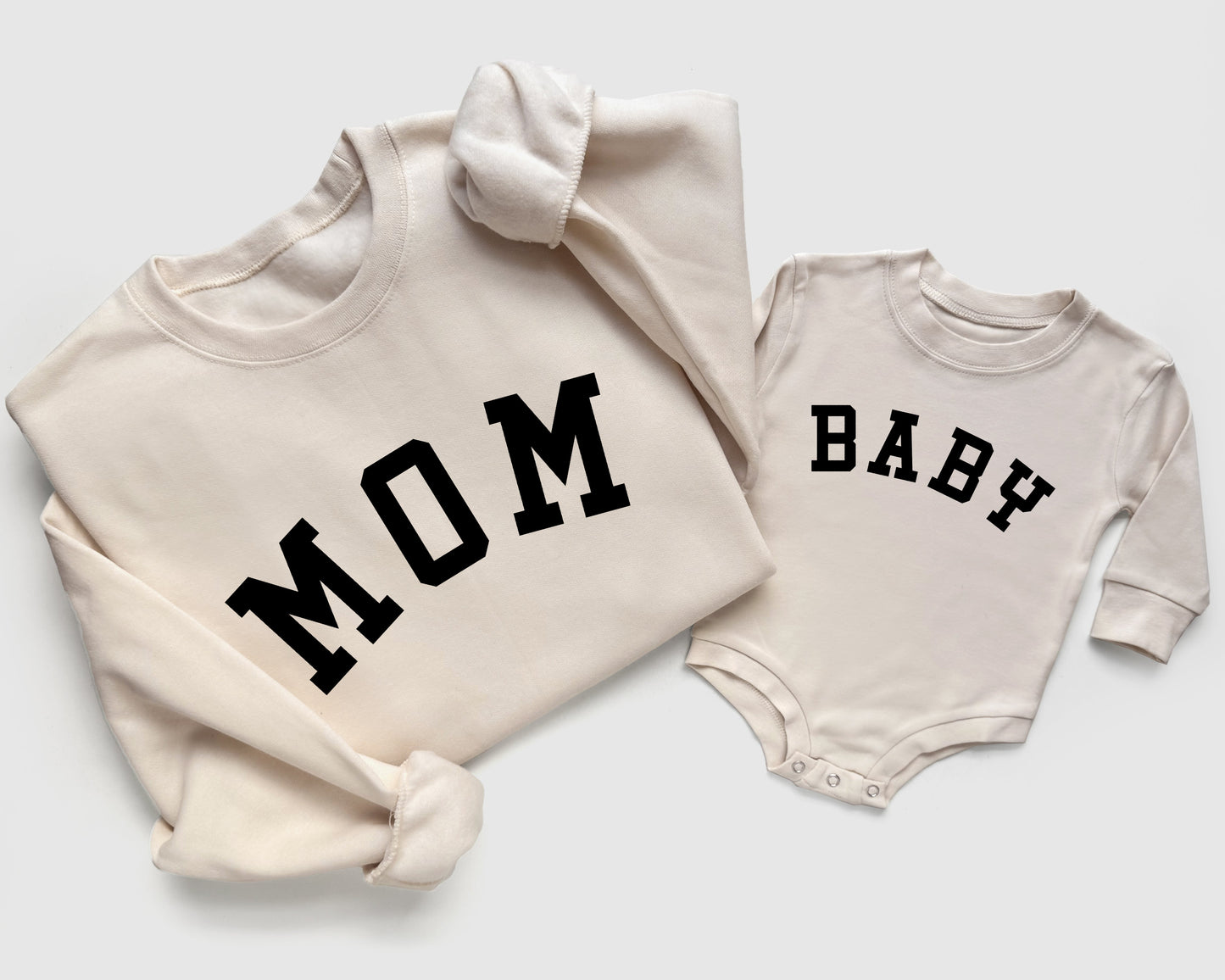 mom dad baby matching crewneck pullover sweatshirts coming home outfit gender neutral baby shower gift black beige tan cream
