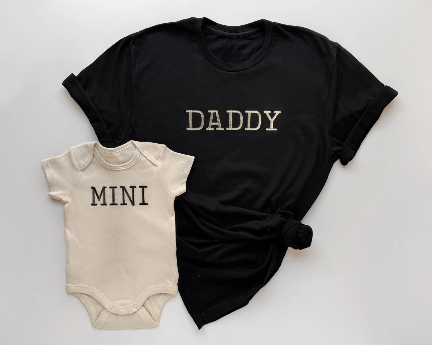 mommy daddy mini matching neutral t shirts onesies embroidered embroidery