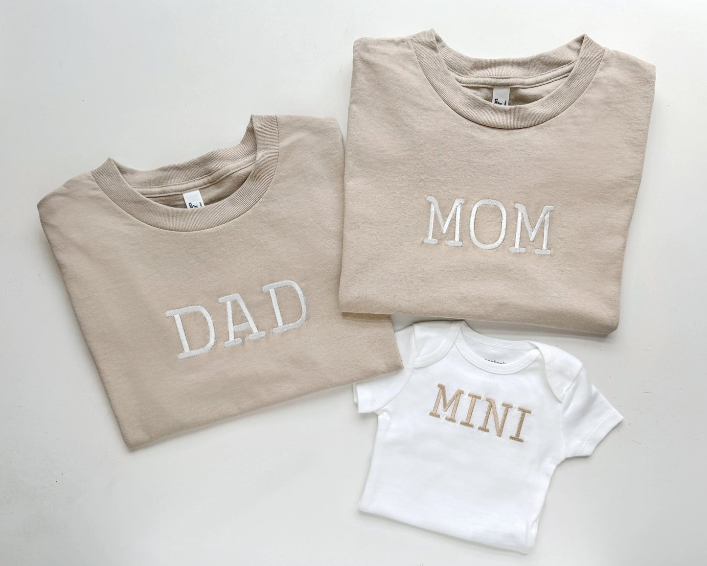mom dad mini matching neutral t shirts onesies embroidered embroidery