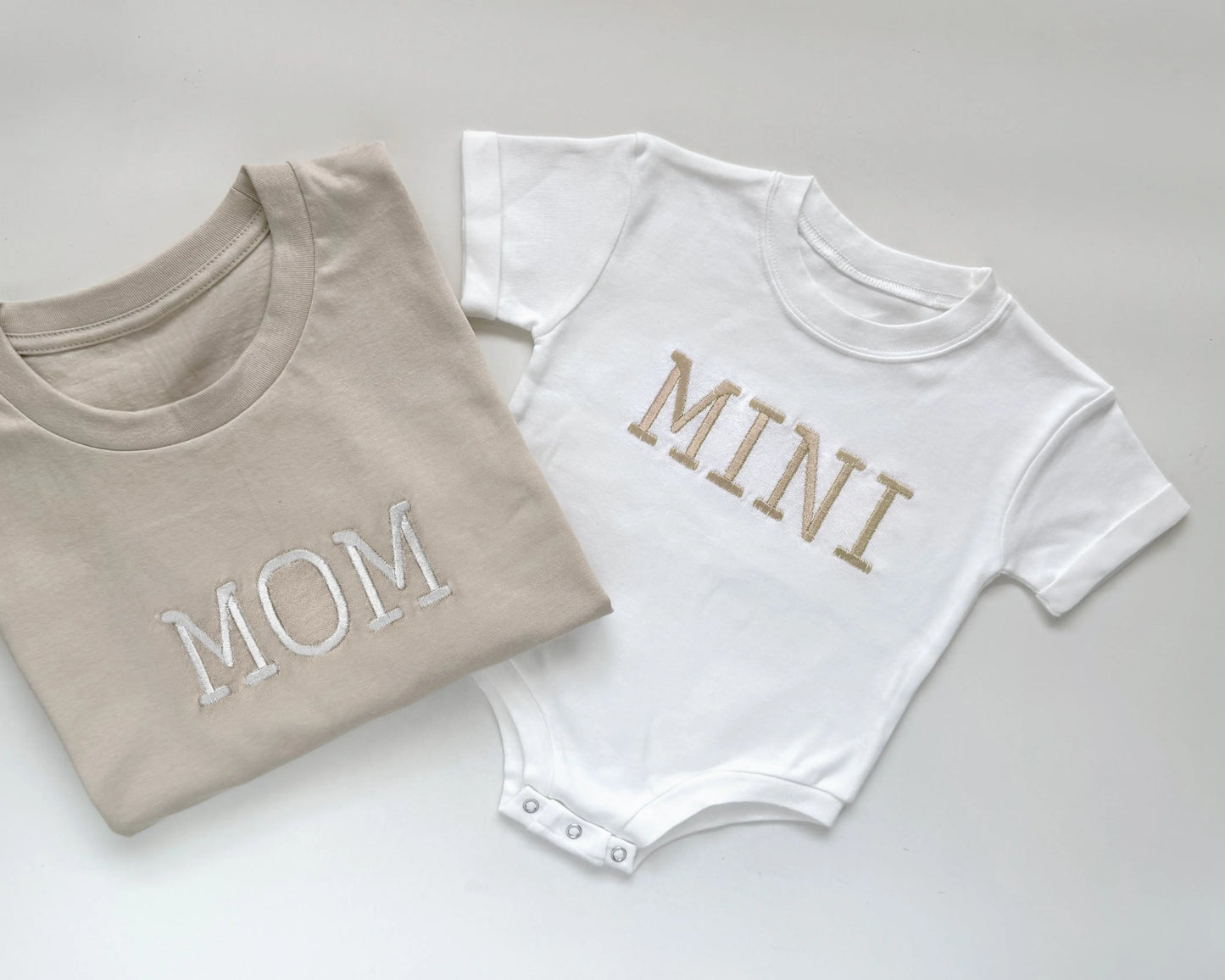 mommy daddy mini matching neutral t shirts onesies embroidered embroidery
