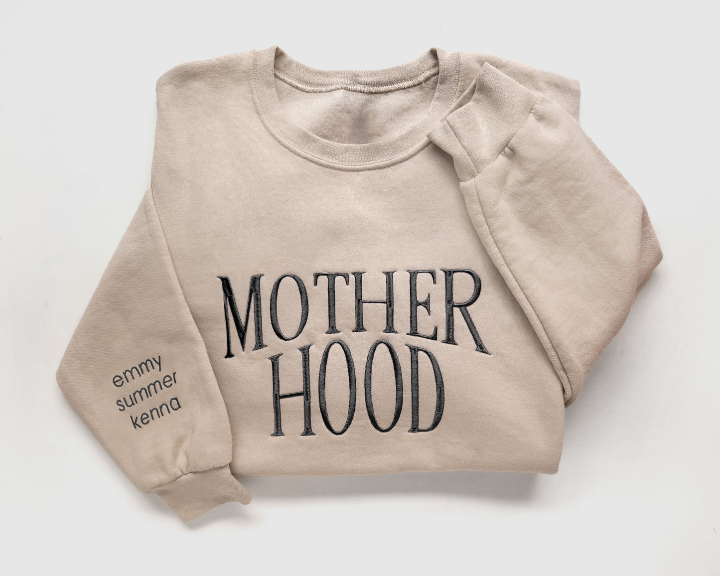motherhood embroidered mother sweatshirt new mom gift in neutral beige with black thread