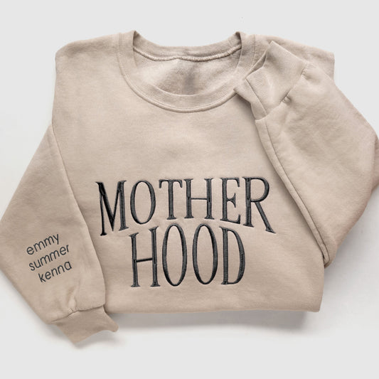 motherhood embroidered mother sweatshirt new mom gift in neutral beige with black thread