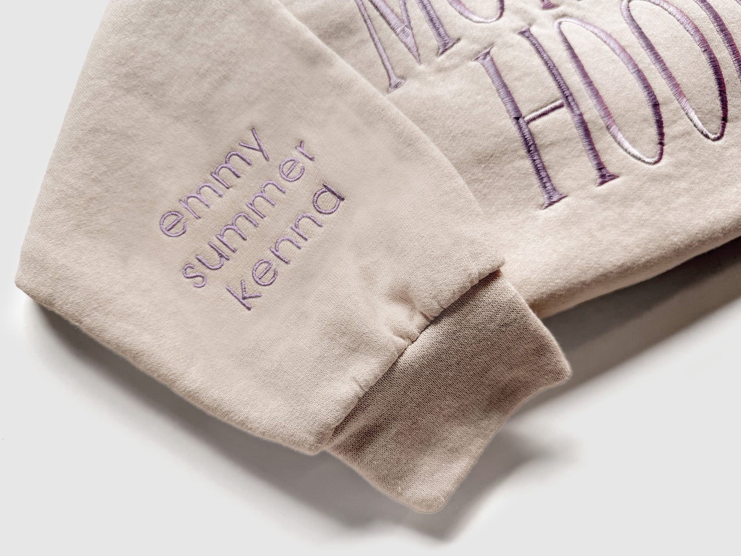 motherhood embroidered mother sweatshirt new mom gift in neutral beige with lavender thread
