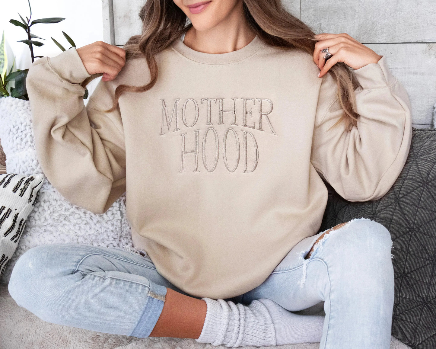 motherhood embroidered mother sweatshirt new mom gift in neutral beige with monochrome beige thread