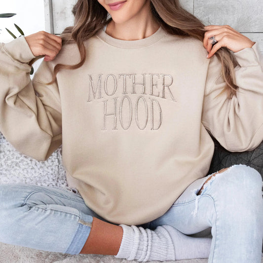 motherhood embroidered mother sweatshirt new mom gift in neutral beige with monochrome beige thread