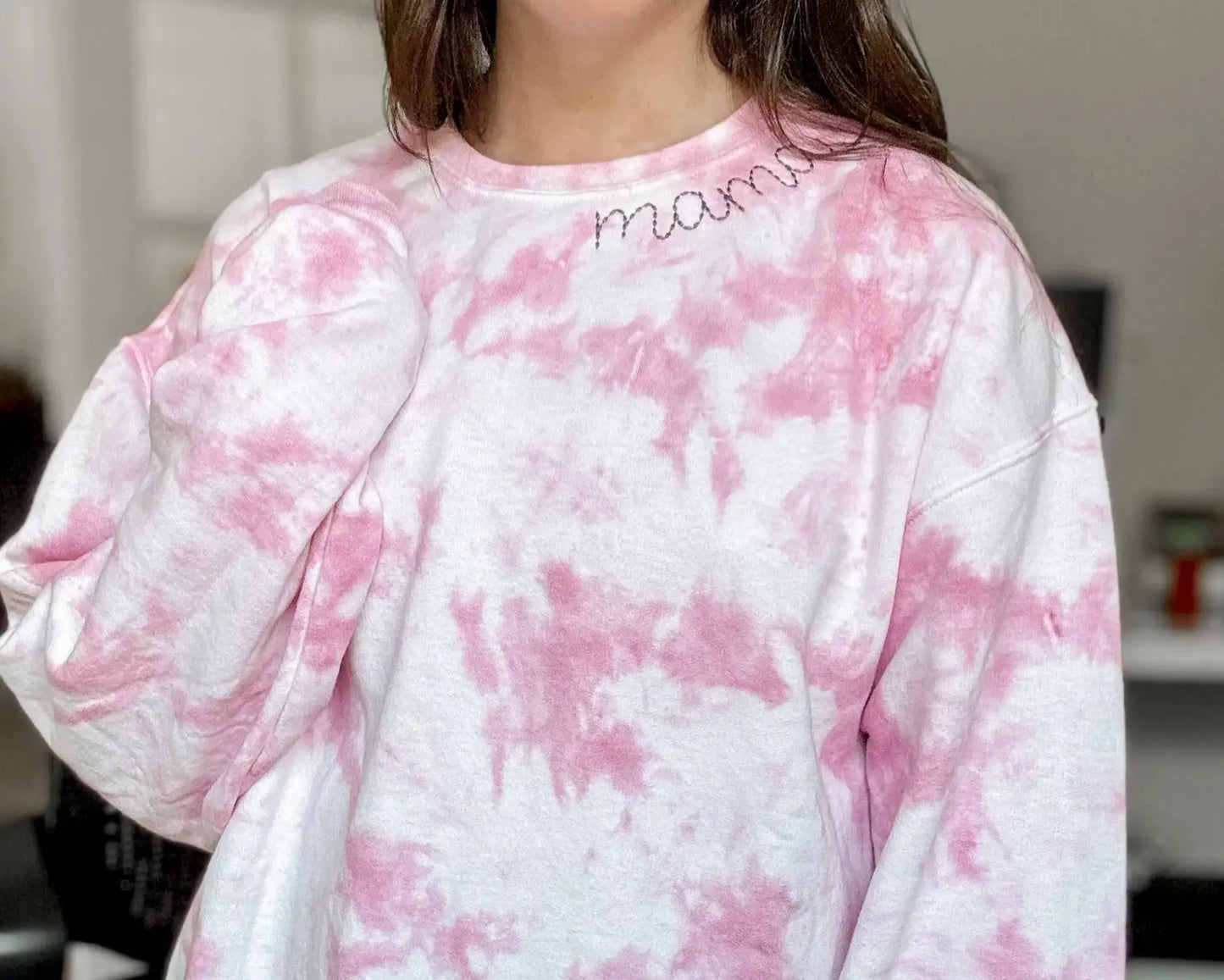 mama mini collar neckline embroidered embroidery tie dye matching mommy and me sweatshirts crewneck pullover hoodie bubble romper newborn gift baby shower mothers day mommy and me outfits toddler shirt