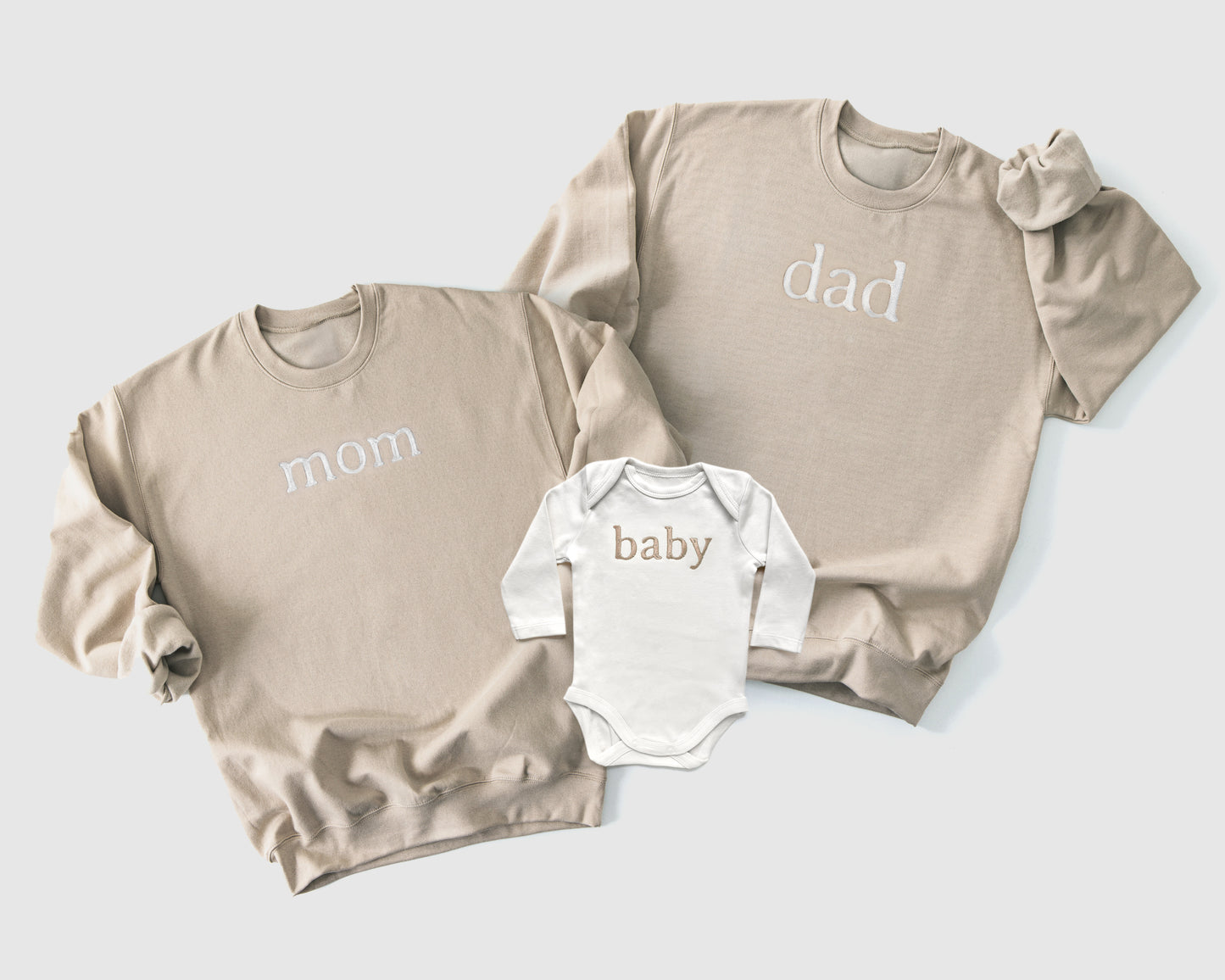 custom embroidered sweatshirts, embroidered personalized sweatshirts for family and sibling matching in neutral colors full length