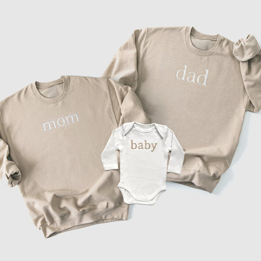 custom embroidered sweatshirts, embroidered personalized sweatshirts for family and sibling matching in neutral colors full length