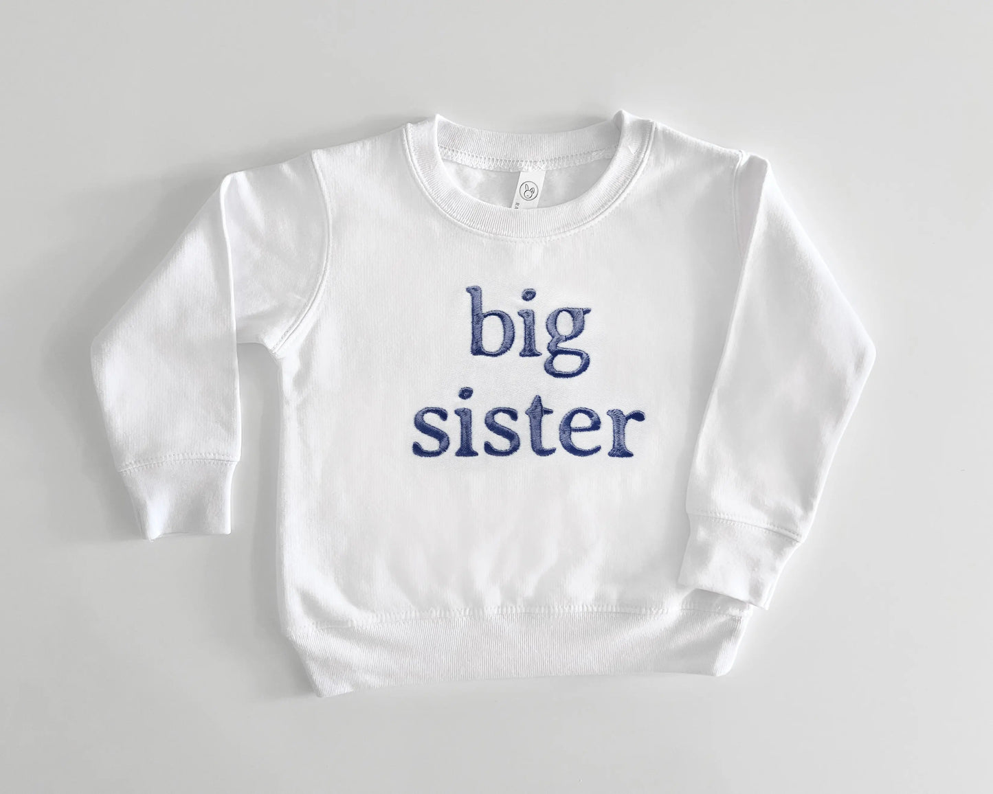 custom embroidered sweatshirts, embroidered personalized sweatshirts for family and sibling matching in neutral colors, big sister with navy thread