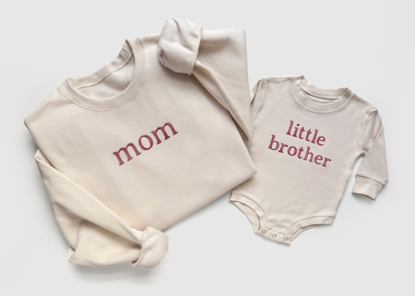 custom embroidered sweatshirts, embroidered personalized sweatshirts for family and sibling matching in neutral colors cream