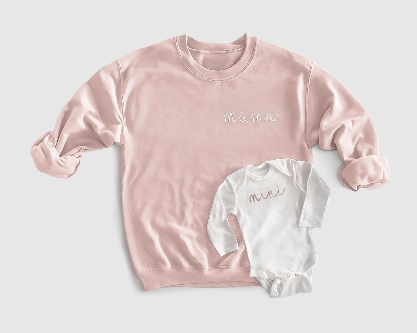 blush pink baby girl newborn gift mama mini embroidery embroidered sweatshirt and onesie bodysuit mommy and me matching outfits coming home from the hospital pullover crewneck hoodie twinning