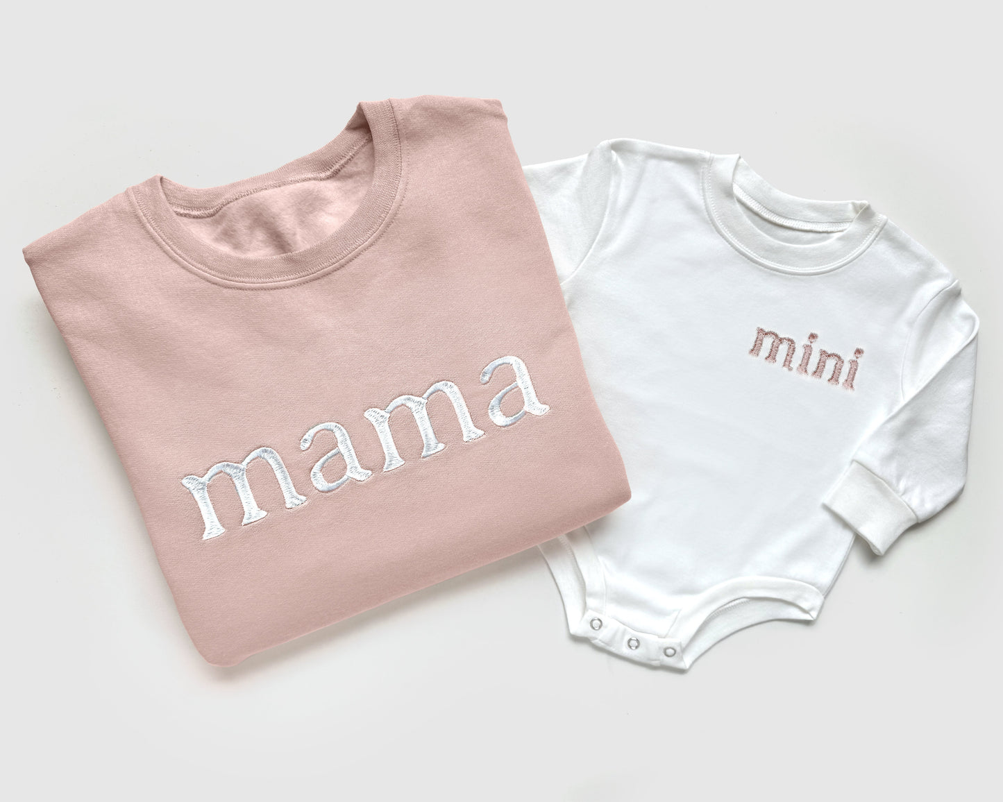 blush pink baby girl newborn gift mama mini embroidery embroidered sweatshirt and onesie bodysuit mommy and me matching outfits coming home from the hospital pullover crewneck hoodie twinning