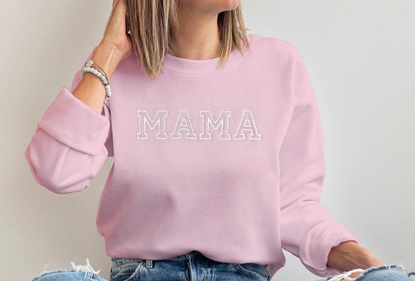 pink mama sweatshirt matching white baby onesie mini embroidered embroidery crewneck pullover mommy and me set baby shower gift baby girl