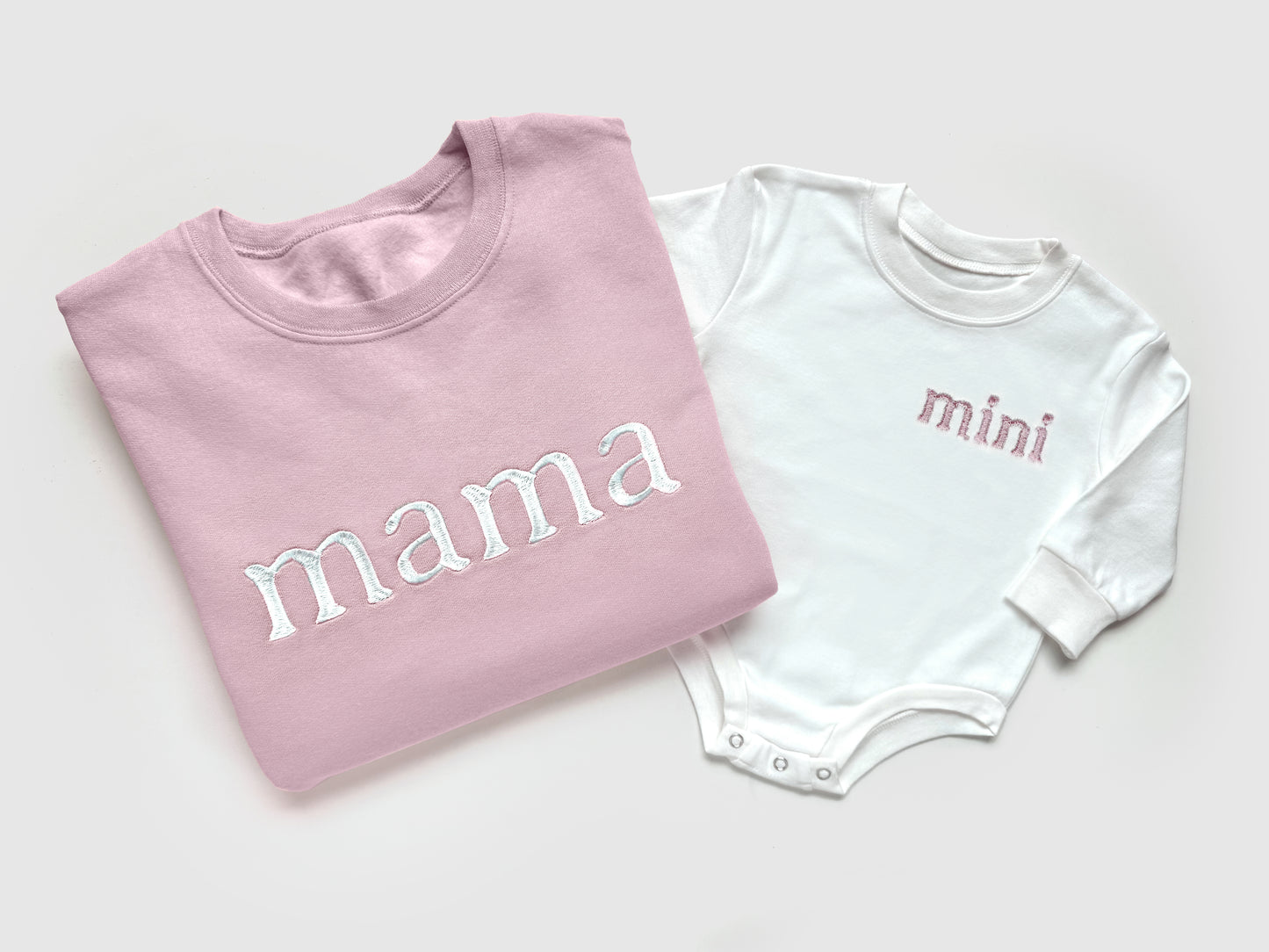 pink mama sweatshirt matching white baby onesie mini embroidered embroidery crewneck pullover mommy and me set baby shower gift baby girl