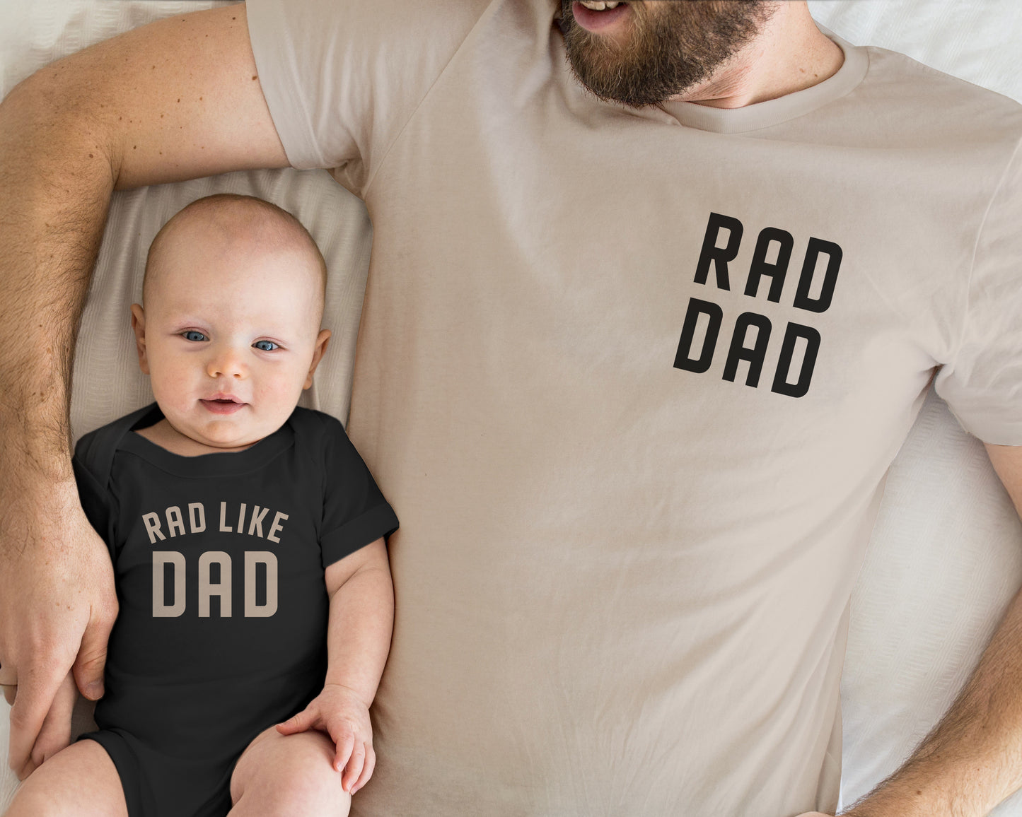 rad dad rad like dad neutral baby onesies bodysuits t shirts matching daddy and me dad and son or daughter twinning beige black white
