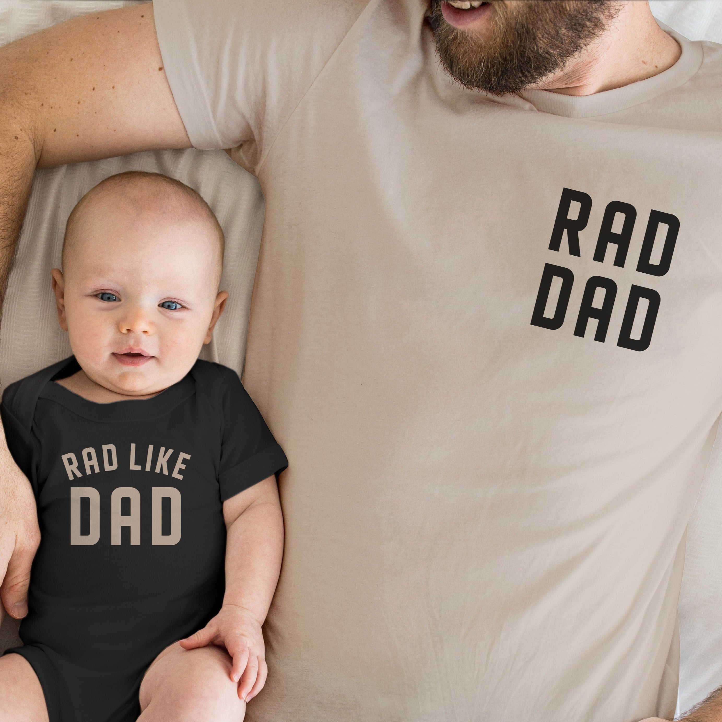 rad dad rad like dad neutral baby onesies bodysuits t shirts matching daddy and me dad and son or daughter twinning beige black white