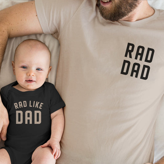 rad dad rad like dad neutral baby onesies bodysuits t shirts matching daddy and me dad and son or daughter twinning beige black white