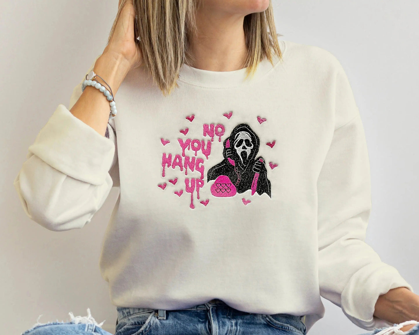 ghostface scream halloween sweatshirt in cream on model