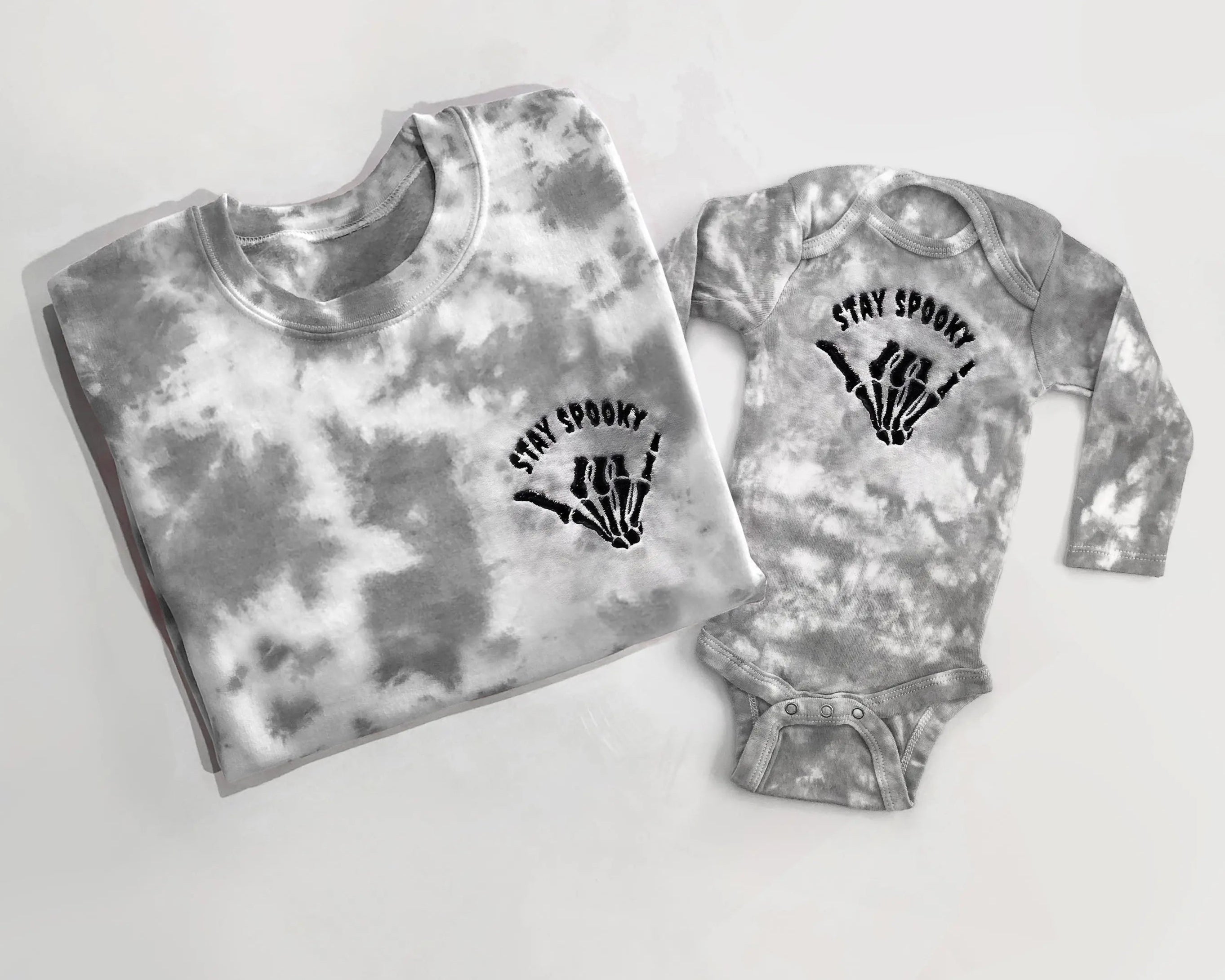 stay spooky gray embroidered tie dye halloween sweatshirt halloween crewneck in mom and baby matching