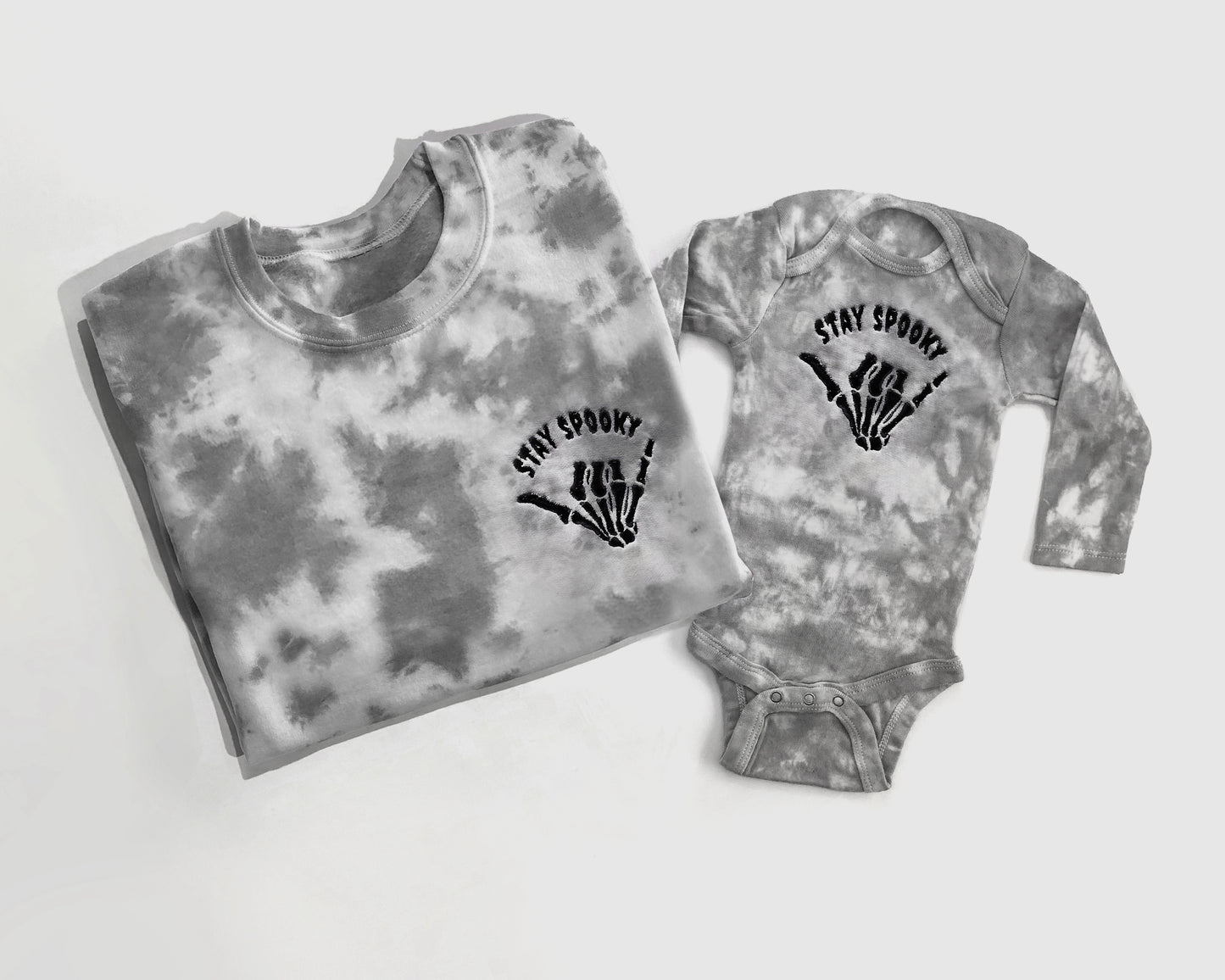 stay spooky gray embroidered tie dye halloween sweatshirt halloween crewneck in mom and baby matching