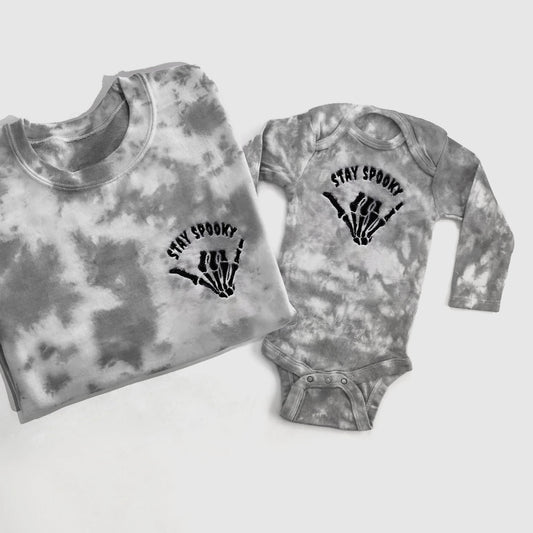 stay spooky gray embroidered tie dye halloween sweatshirt halloween crewneck in mom and baby matching