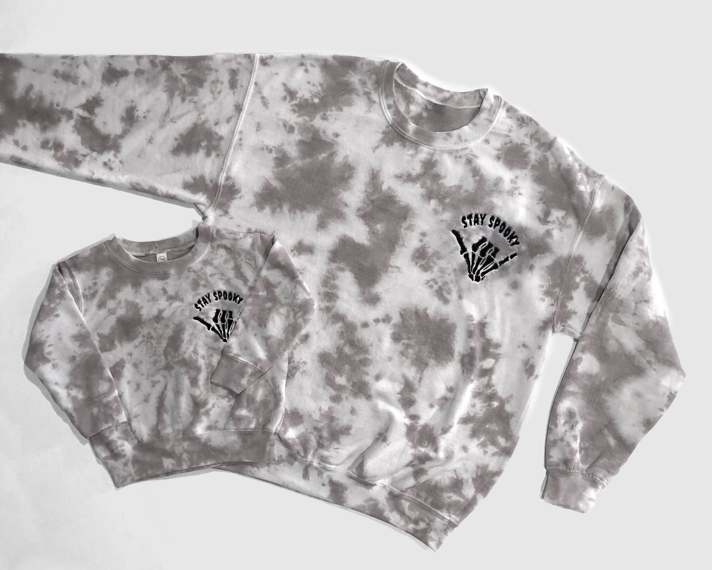 stay spooky gray embroidered tie dye halloween sweatshirt halloween crewneck in mom and baby matching