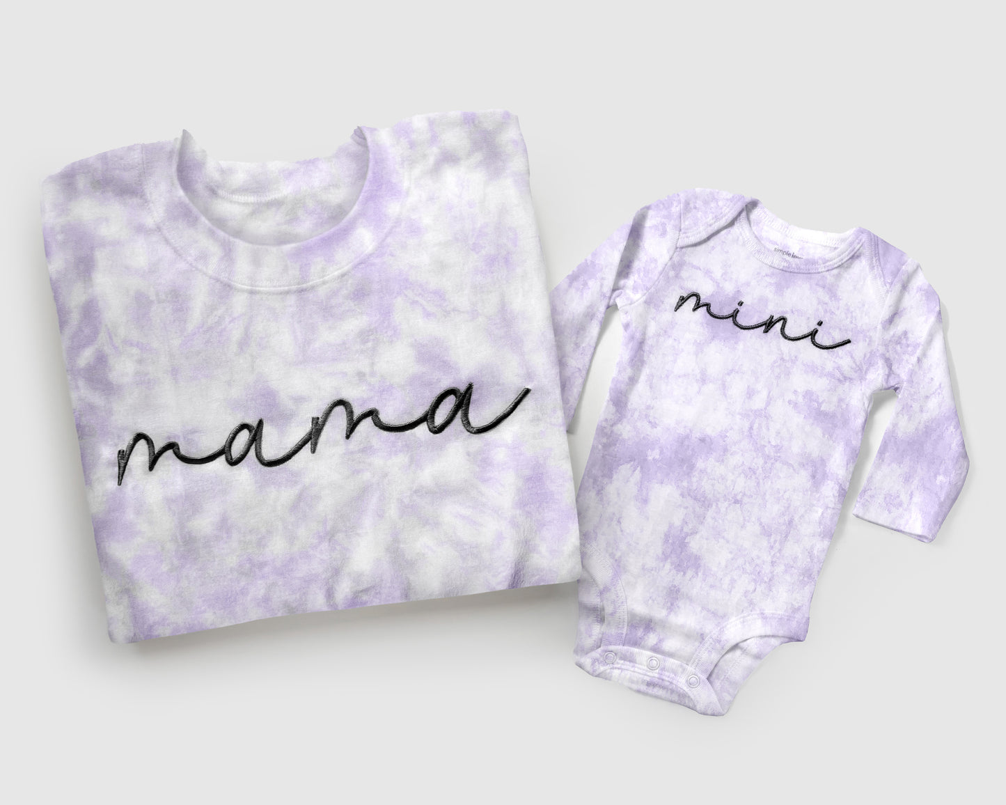 mama mini embroidered embroidery tie dye matching mommy and me sweatshirts crewneck pullover hoodie bubble romper newborn gift baby shower mothers day mommy and me outfits lavender