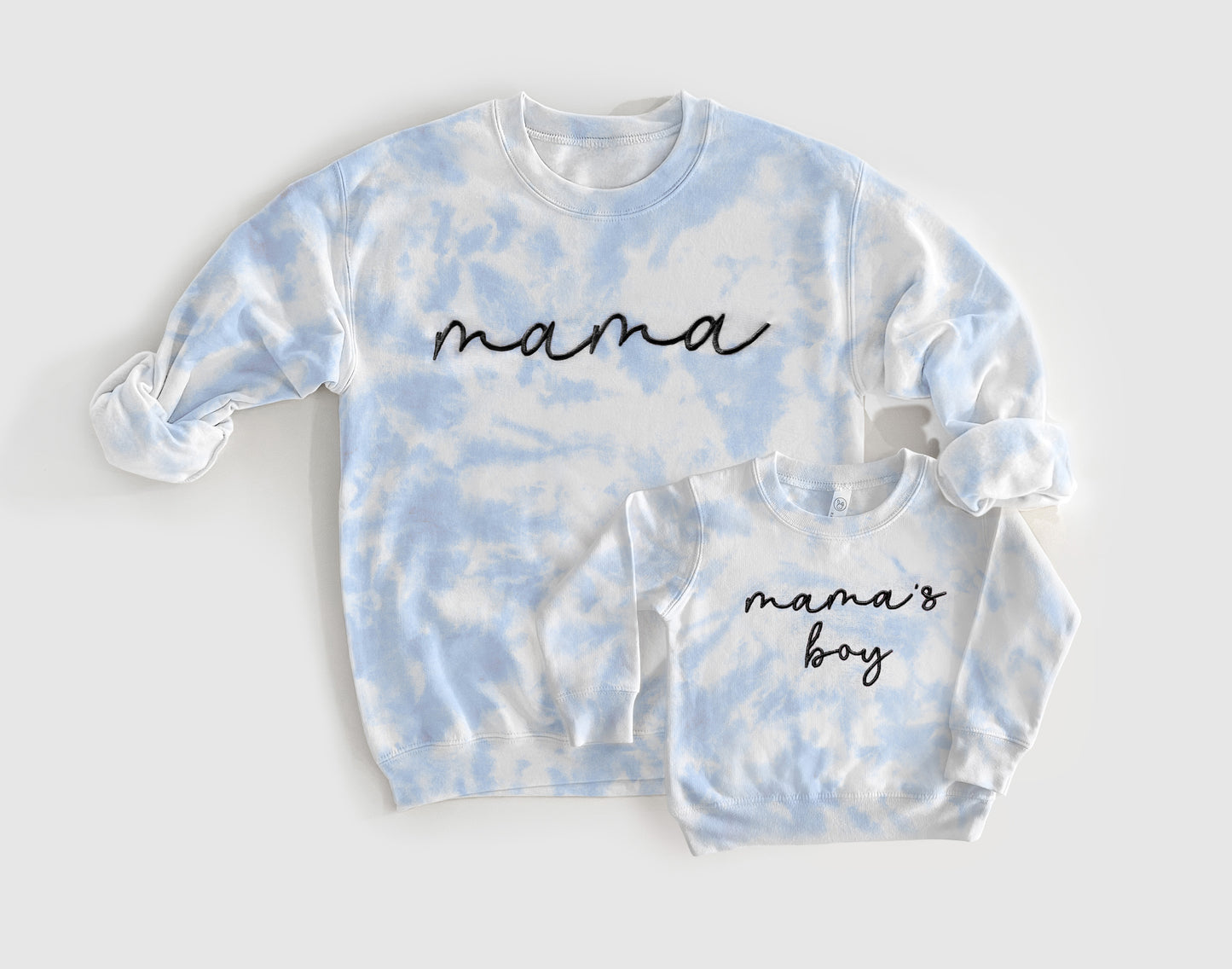 mama mini embroidered embroidery tie dye matching mommy and me sweatshirts crewneck pullover hoodie bubble romper newborn gift baby shower mothers day mommy and me outfits blue