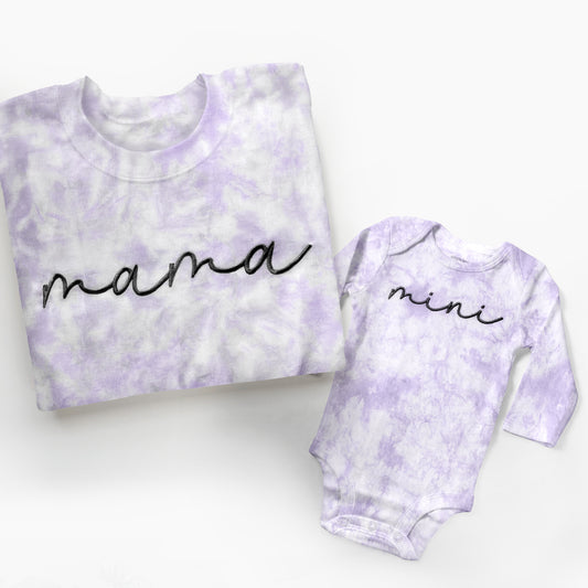 mama mini embroidered embroidery tie dye matching mommy and me sweatshirts crewneck pullover hoodie bubble romper newborn gift baby shower mothers day mommy and me outfits blue