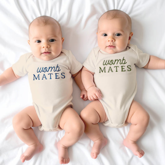 womb mates embroidered onesies for twins, gift for twin babies, twin baby shirts, newborn baby gift