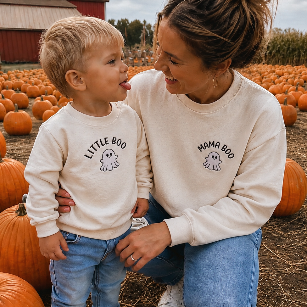 A woman and a young boy wearing matching cream sweatshirts with ghost graphics and the text 'LITTLE BOO' and 'MOMMA BOO' pose together in a pumpkin field.