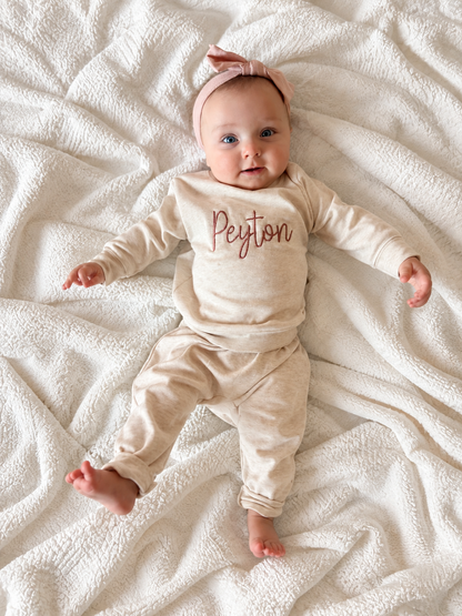 Personalized Embroidered Baby Name Sweatsuit – Oatmeal Matching Set