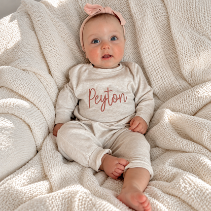 Personalized Embroidered Baby Name Sweatsuit – Oatmeal Matching Set