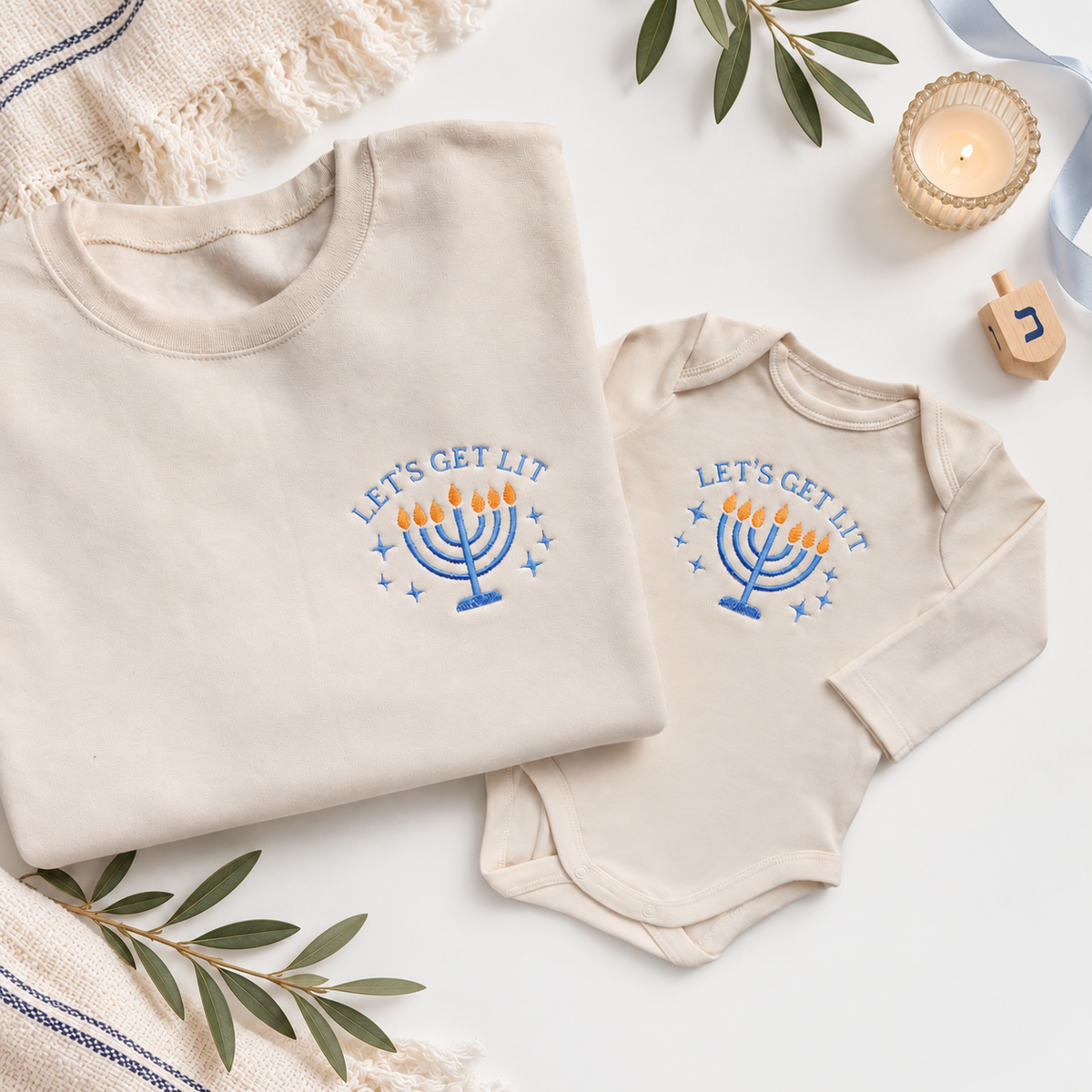 Let's Get Lit Embroidered Hanukkah Matching Family Sweatshirts & Baby Outfits