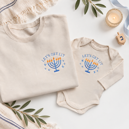 Let's Get Lit Embroidered Hanukkah Matching Family Sweatshirts & Baby Outfits