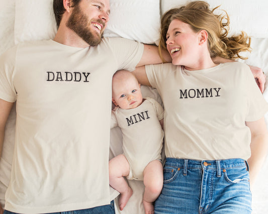 mommy daddy mini matching neutral t shirts onesies embroidered embroidery family matching shirts coming home outfits