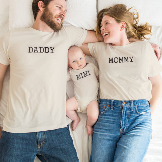 Neutral Embroidered Matching Family Shirts With Custom Mom, Dad and Mini Lettering