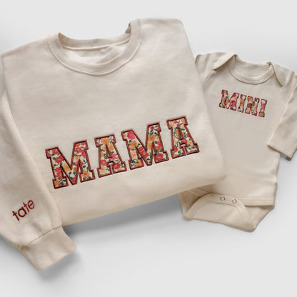 cream beige mama and mini embroidered applique sweatshirt onesie bodysuit bubble newborn gift baby shower newborn coming home from hospital outfits sleeve embroidery
