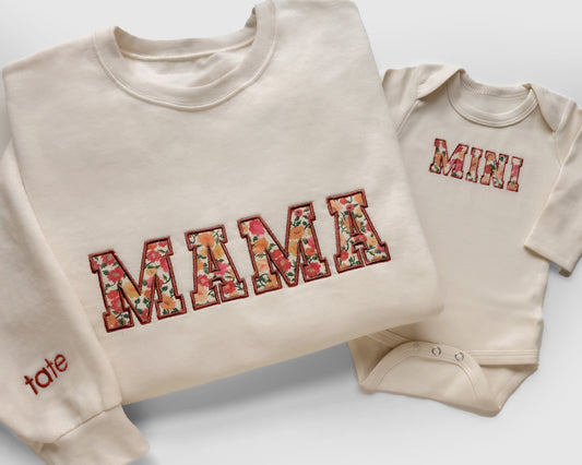 cream beige mama and mini embroidered applique sweatshirt onesie bodysuit bubble newborn gift baby shower newborn coming home from hospital outfits sleeve embroideryf