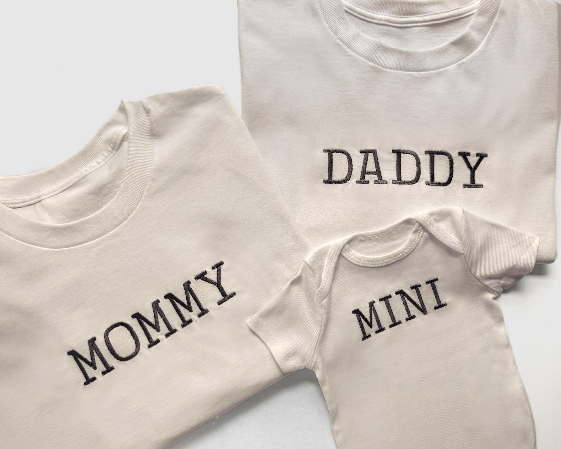 mommy daddy mini matching neutral t shirts onesies embroidered embroidery family matching shirts coming home outfits