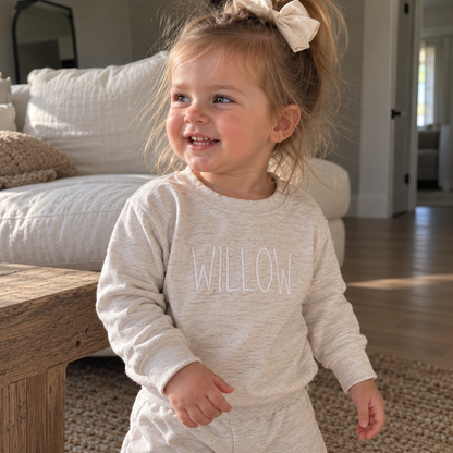 Personalized Embroidered Baby Name Sweatsuit – Oatmeal Matching Set
