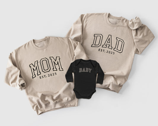 mom dad baby matching mommy and me coming home outfits baby shower gift newborn girl boy neutral onesies bodysuits sweatshirts crewneck pullover hoodie 