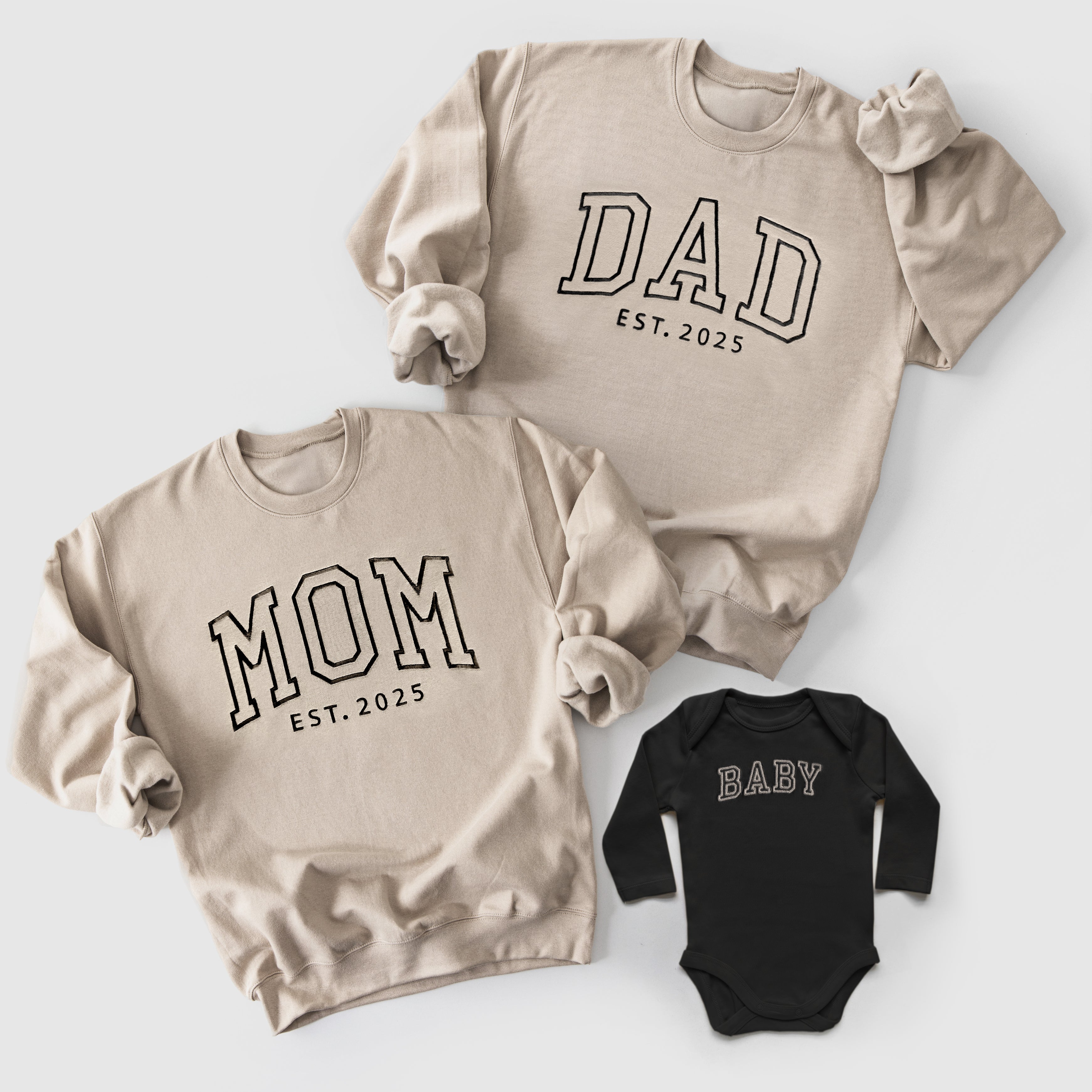 Neutral Embroidered Matching Family Outfits for Mom, Dad and Baby