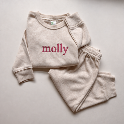 Personalized Embroidered Baby Name Sweatsuit – Oatmeal Matching Set