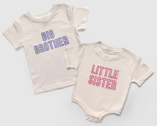 Celebrate sibling love with these adorable cream embroidered sibling shirts and bodysuits, perfect for family photos, pregnancy announcements, and everyday wear! Each piece is made from soft, high-quality cotton and comes in your choice of baby bodysuit, baby bubble romper, toddler t-shirt, or youth t-shirt.