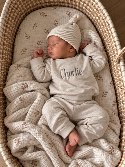 Personalized Embroidered Baby Name Sweatsuit – Oatmeal Matching Set